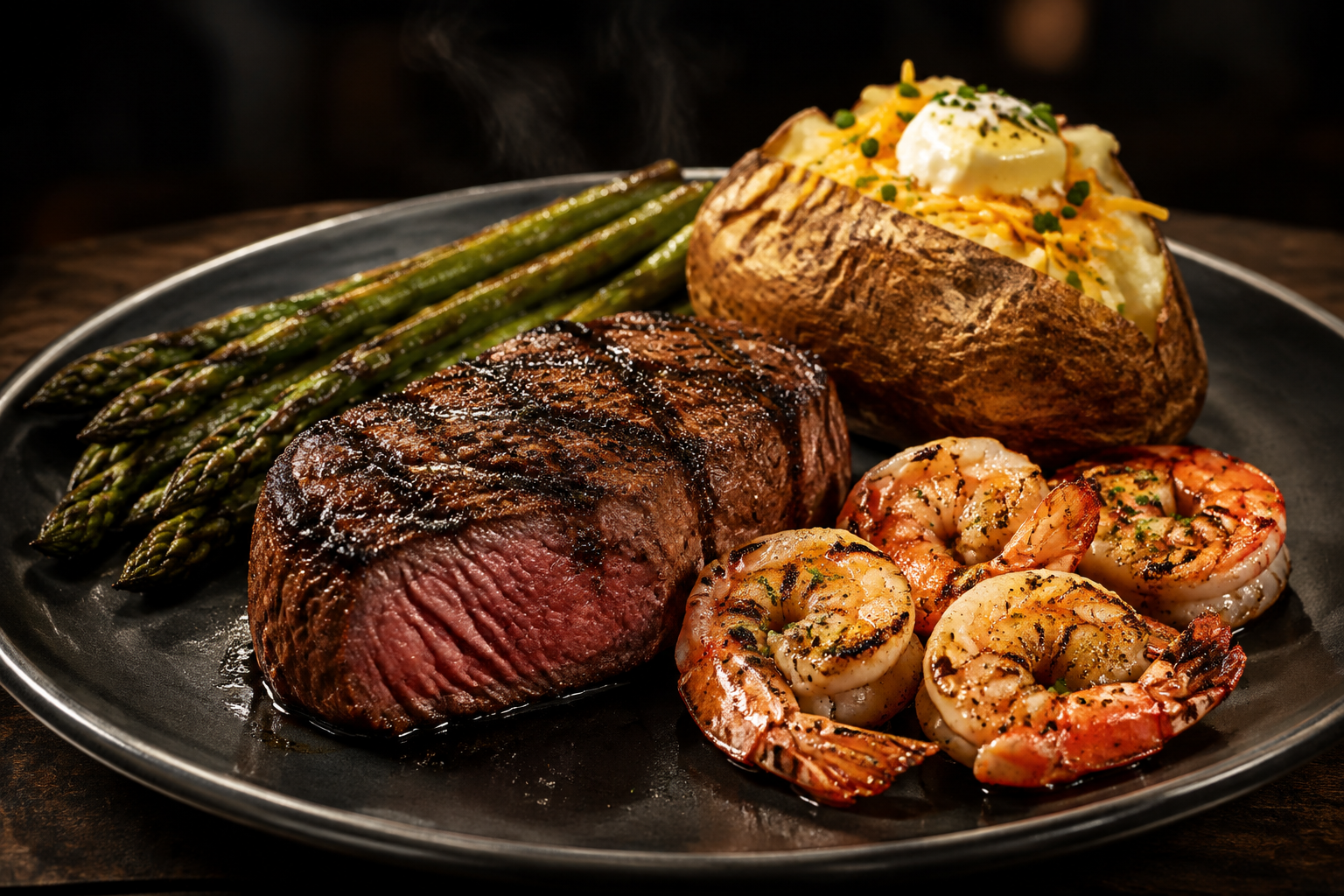 Grilled steak and shrimp with a loaded baked potato and asparagus at Bucks Cabaret El Paso